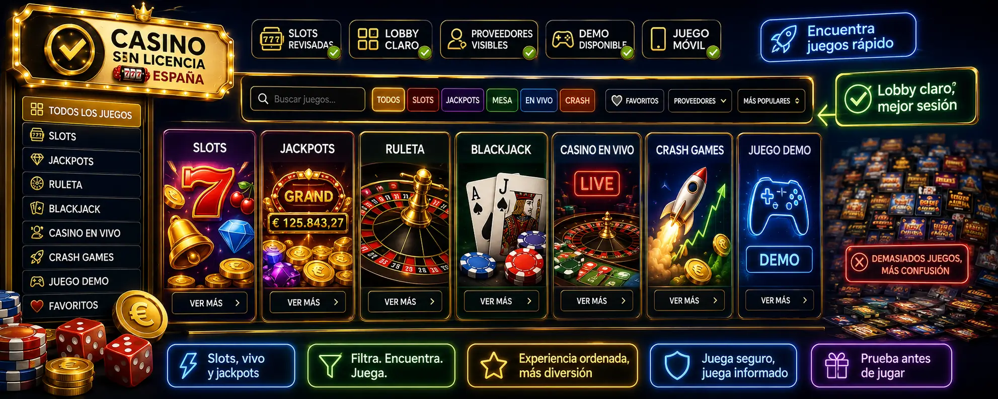 El lobby de juegos debe sentirse ordenado, no inflado